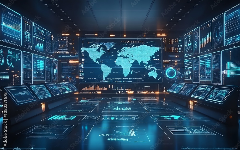 Poster futuristic control room with multiple screens tracking global operations, advanced data monitoring, 
