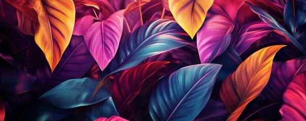 Colorful tropical leaves creating vibrant jungle pattern