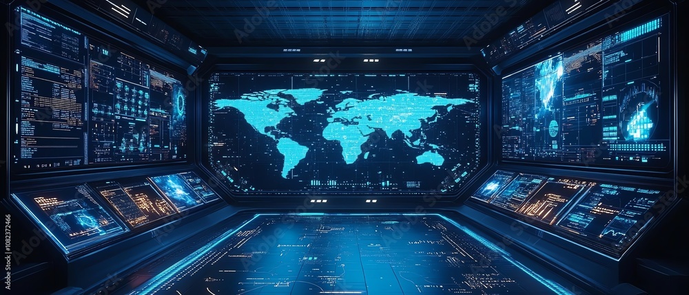 Poster hightech command center with global monitoring screens, advanced digital systems, world maps and dat