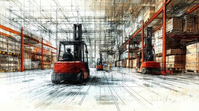 Interior of cross dock warehouse with forklifts in motion, showcasing efficiency and organization