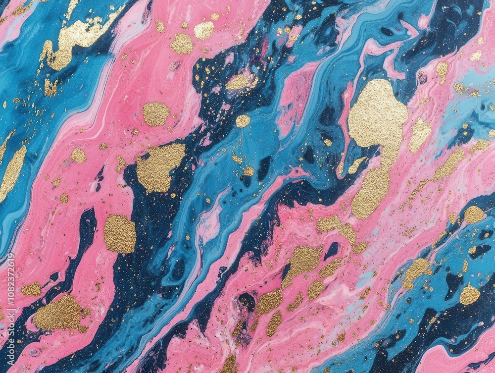 Poster luxurious pink and blue marble texture with shimmering gold splashes, creating a sophisticated backg