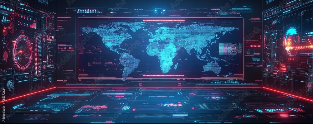 Aufkleber hightech command center with world maps and data on screens, monitoring global operations, digital t