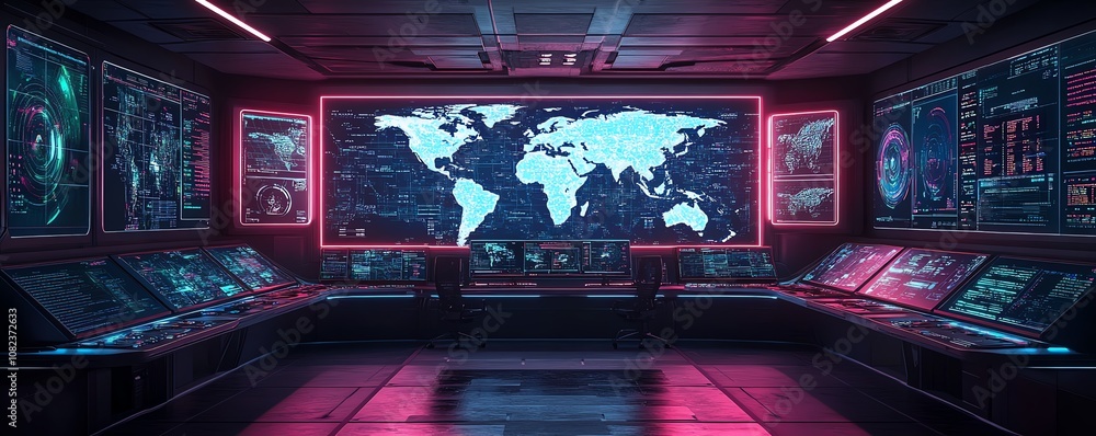 Aufkleber hightech command center with world maps and data on screens, monitoring global operations, digital t