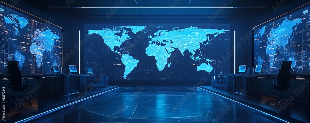 Aufkleber hightech command center with world maps and data on screens, monitoring global operations, digital t