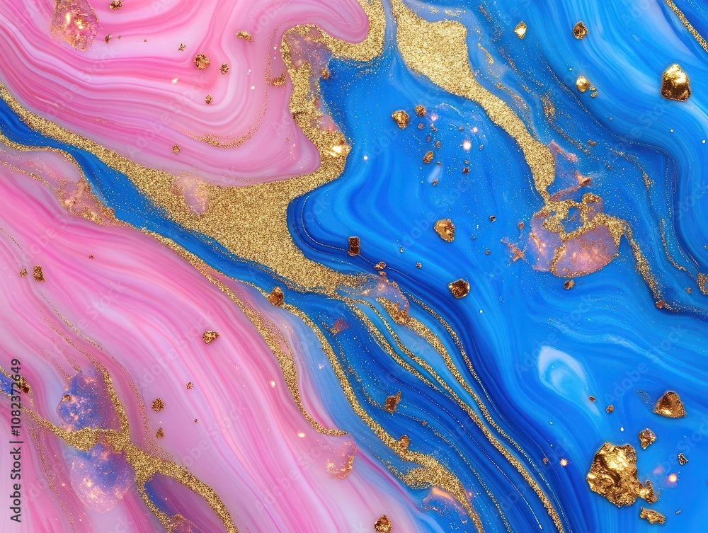 Poster luxurious pink and blue marble texture with shimmering gold splashes, creating a sophisticated backg