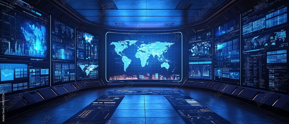 Poster hightech command center with global monitoring screens, advanced digital systems, world maps and dat