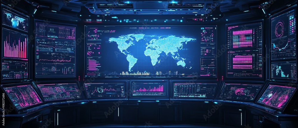 Poster hightech command center with global monitoring screens, advanced digital systems, world maps and dat