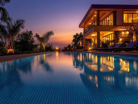 luxurious private villa illuminated by soft evening lights, with a stunning pool reflecting the twilight sky, creating an inviting and opulent atmosphere for relaxation and entertainment