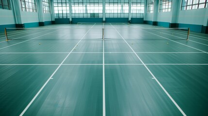 A pristine badminton court, Rackets and shuttlecocks perfectly arranged on the court, Modern sports style