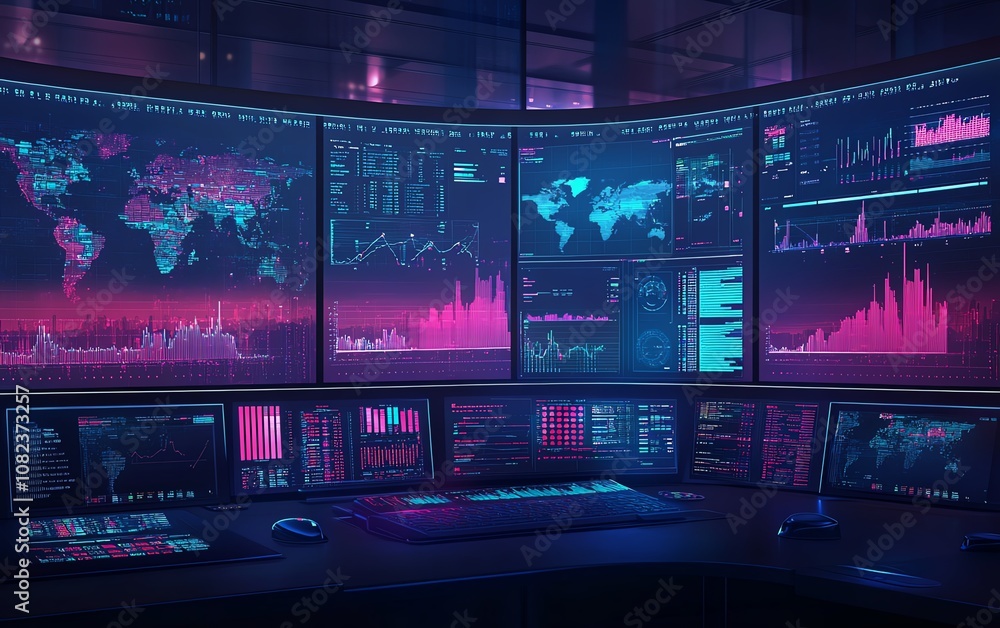 Poster modern command center with screens monitoring global operations, advanced technology setup, digital 