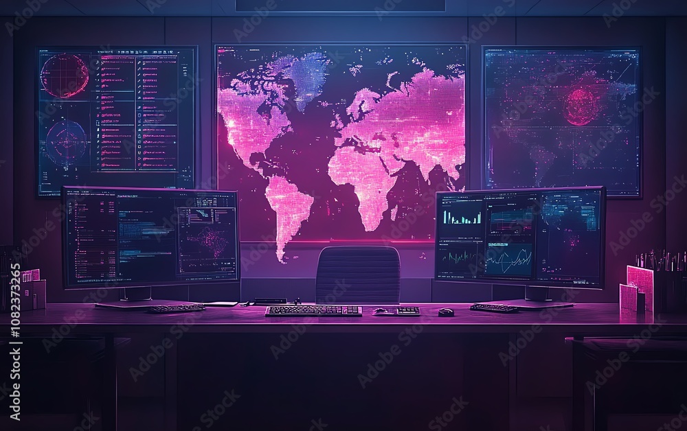 Poster modern command center with screens monitoring global operations, advanced technology setup, digital 
