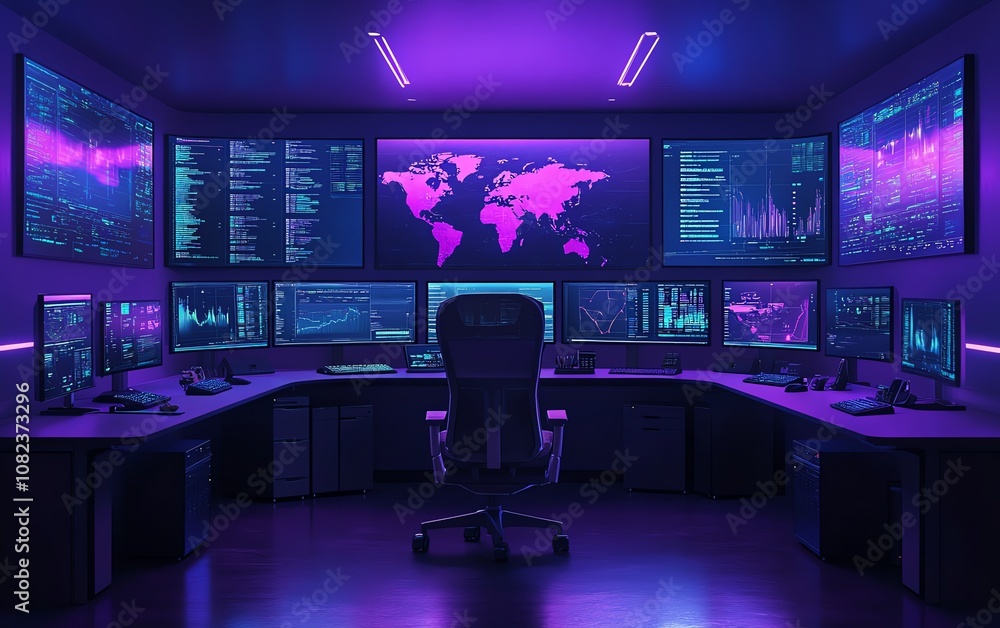 Poster modern command center with screens monitoring global operations, advanced technology setup, digital 