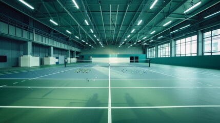 A pristine badminton court, Rackets and shuttlecocks perfectly arranged on the court, Modern sports style