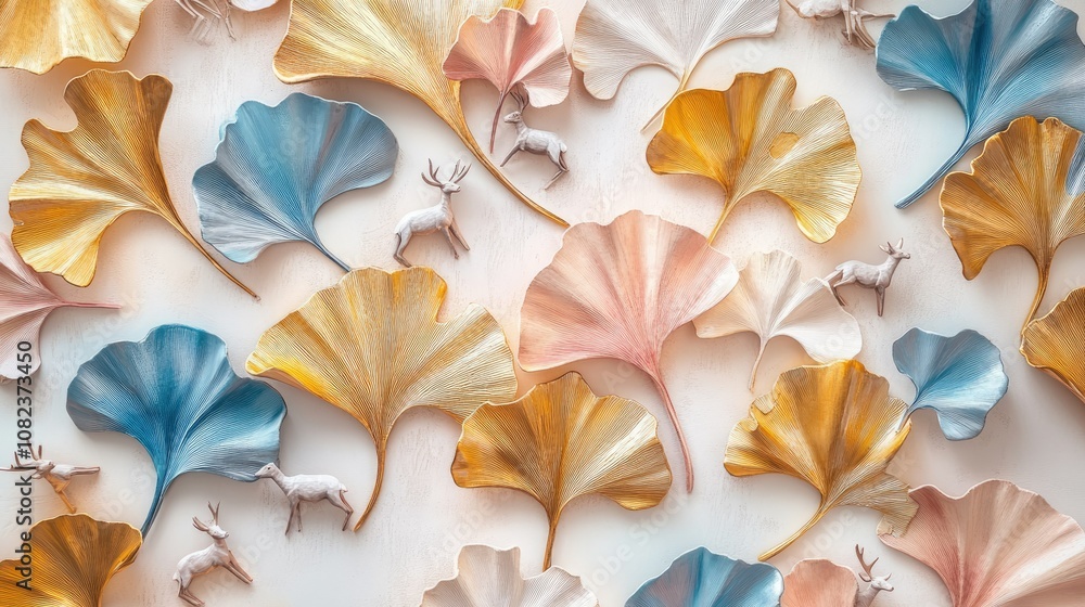 Poster artistic display of colorful ginkgo leaves and miniature deer figures in pastel shades creating a wh