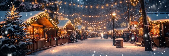 Enchanting Christmas Market with Festive Lights and Snowfall