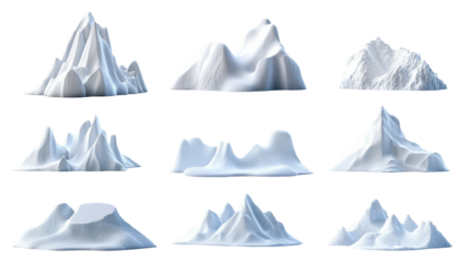 A collection of diverse mountain forms displayed on a transparent backdrop, ideal for use in 3D modeling, digital graphics, and creative design projects