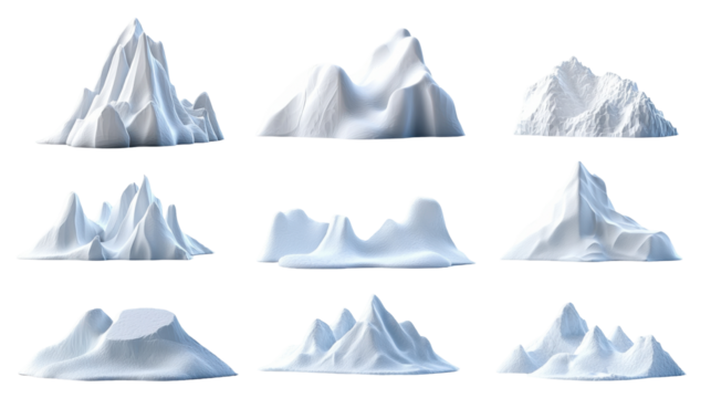 A collection of diverse mountain forms displayed on a transparent backdrop, ideal for use in 3D modeling, digital graphics, and creative design projects