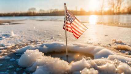 American Flag Marking Ice Fishing Hole on Snowy Frozen Lake in Winter