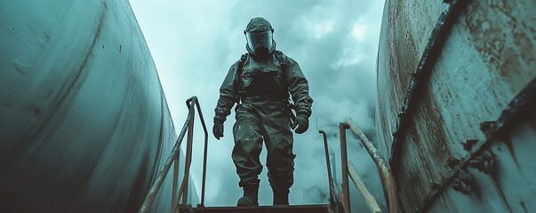 Safetyconscious worker in protective gear descending into a large industrial tank