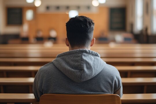Young male student with short black hair, wearing a gray hoodie, sitting alone at a wooden desk in a spacious classroom, soft daylight, close-up back view 2