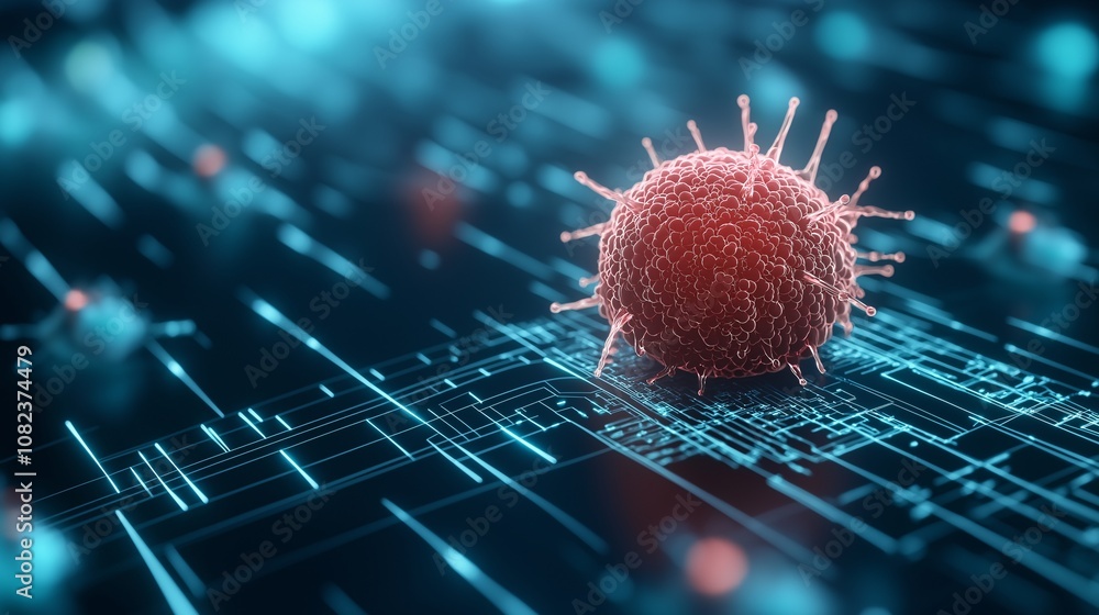 Poster futuristic depiction of a cell surrounded by digital data elements, highlighting the complexity and 