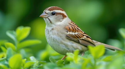 A small brown and white sparrow perched on a green bush, looking to the side.