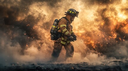 Fototapeta premium Firefighter Braving Flames and Smoke in Dangerous Scene