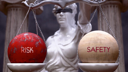 Risk or Safety as a choice, two options to choose from. Greek statue presenting two alternatives: risk or safety, weighing their values. Looking at pros and cons. ,3d illustration