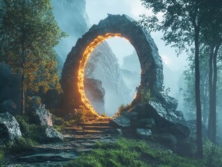 majestic portal archway nestled in a mystical forest, crafted from ancient stones and glowing softly, inviting viewers into a fantastical alternate dimension