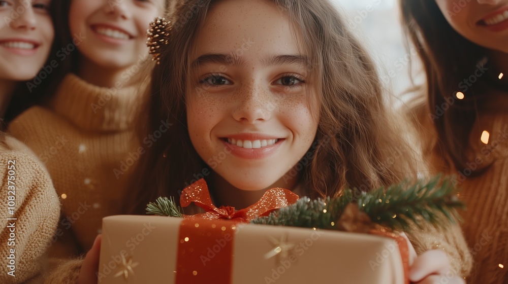 Wall mural A young woman smiles brightly as she holds a gift box with a red ribbon