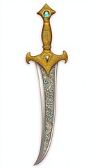 A beautifully ornate sword featuring intricate gold detailing and gemstones, showcasing a blend of elegance and craftsmanship.