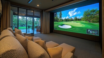 A cozy home theater with a large screen displaying a golf course scene.
