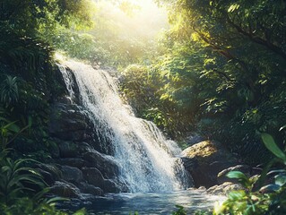 majestic tropical ravine with a flowing waterfall, captured in ai-generated art, showcasing blurred motion and lush greenery, evoking tranquility