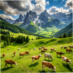 Fototapeta premium top view of cows cattle grazing grass in a green m