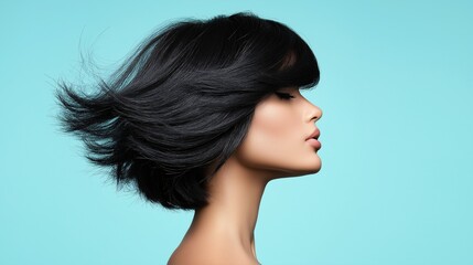 Naklejka premium Elegant Profile of a Woman with Straight Hair in Motion Against a Light Blue Background Showcasing a Stylish Wig and Beautiful Hairdo