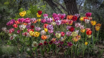 Obraz premium Colorful Tulips in a Sunny Garden