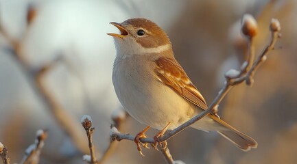Fototapeta premium A small brown bird with a white throat perches on a branch, singing with its mouth open.