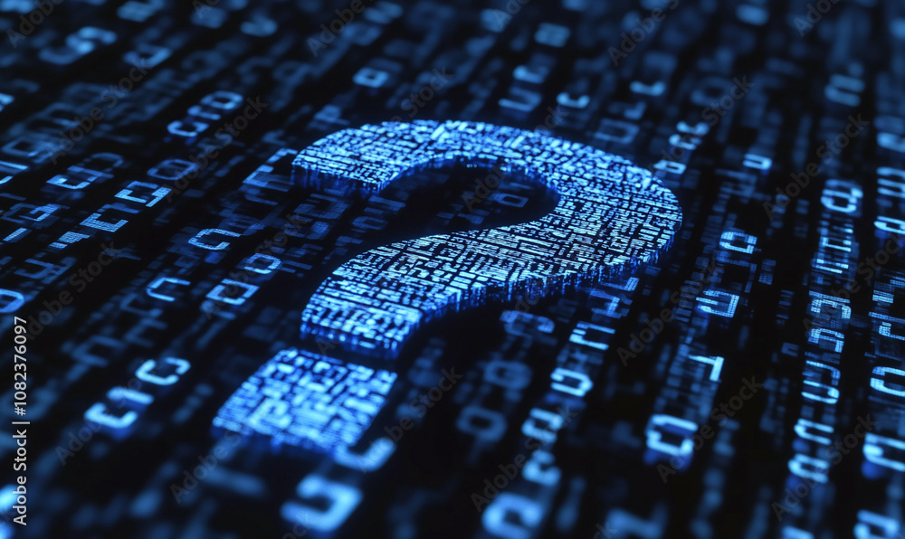 Aufkleber A digital blue question mark made of binary code stands out on a screen of numbers