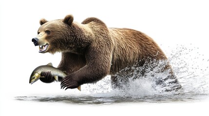 Obraz premium A powerful bear lunges through water, clutching a fish in its jaws, showcasing the raw energy of nature and the instinct of predation.