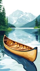 Fototapeta premium A serene landscape featuring a wooden canoe on a tranquil lake, surrounded by mountains and lush trees under a clear sky.
