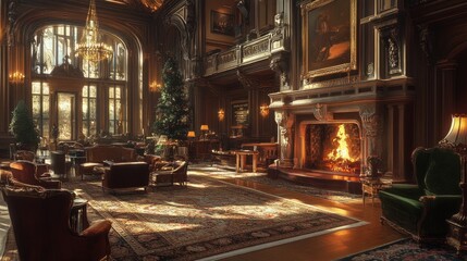 Obraz premium Elegant and Cozy Living Room with Fireplace, Vintage Furniture, Christmas Tree, and Natural Light in a Grand Interior Setting