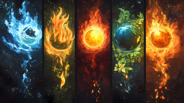 Five elements of nature represented in harmonious balance: earth, water, fire, air, and space. earth elemental. illustration. Harmonious. Illustration