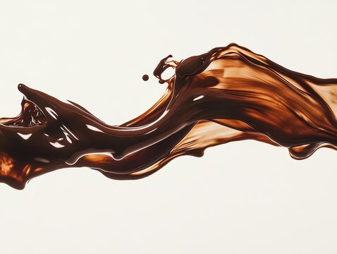 melted chocolate flowing on a pristine white background; luxurious texture and rich tones capturing the indulgence and allure of chocolate in a simplistic yet decadent portrayal