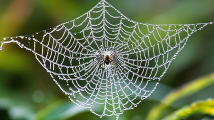 A Dew-Covered Spiderweb with a Spider in the Center