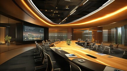 Modern Bright Conference Room with Elegant Wooden Table and Contemporary Design Touches for Professional Business Meetings and Presentations