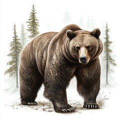 Fototapeta premium A detailed illustration of a powerful brown bear standing in a snowy landscape, surrounded by evergreen trees, showcasing its strength and majestic presence.
