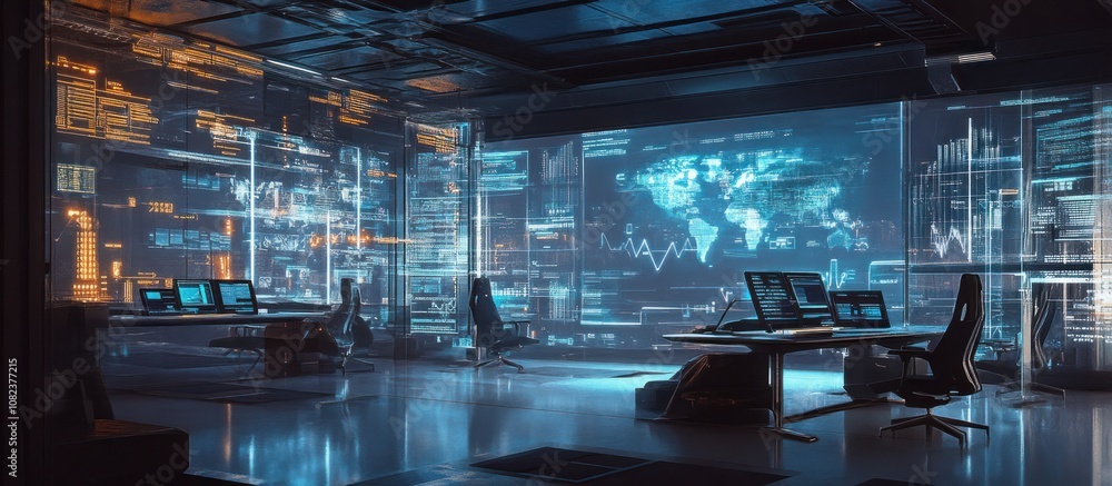 Poster a modern control room filled with screens displaying data and analytics.