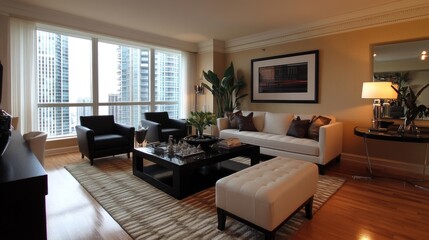Modern and Stylish Living Room Interior Design with Large Windows Offering Urban Views, Elegant Furniture, and a Warm Color Palette for Cozy Ambiance