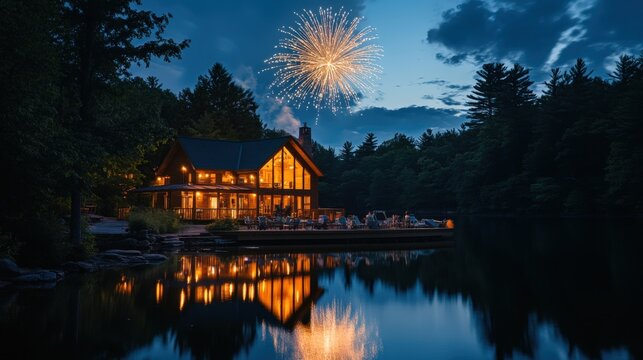 Fireworks Display Over Lakefront Cabin In Forest - Powered by Adobe