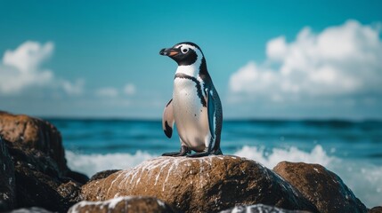Fototapeta premium Magellanic penguin standing on a rock by the ocean
